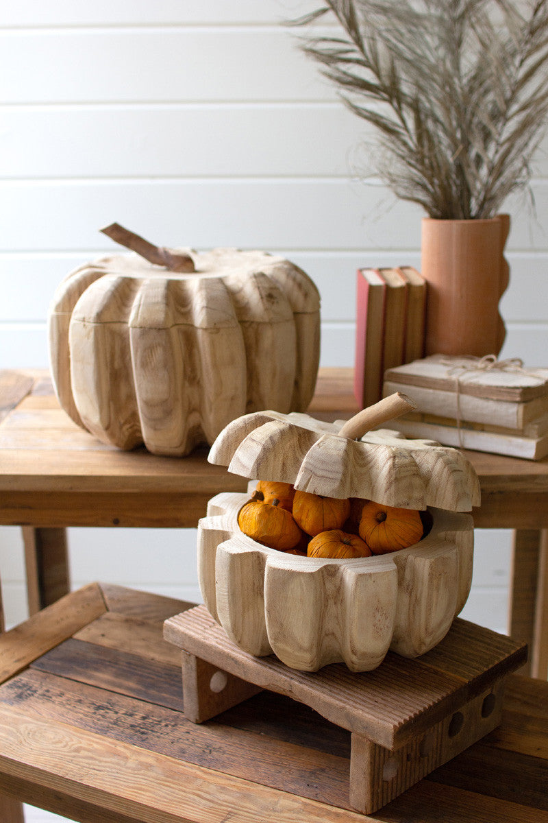 Carved Wood Pumpkins With Removable Lids Set Of 2 By Kalalou | Decorative Boxes |  Modishstore  - 2