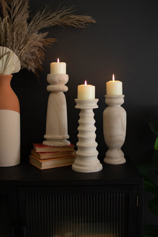 Set Of Three Turned Wooden Candle Holders By Kalalou | Candle Holders | Modishstore