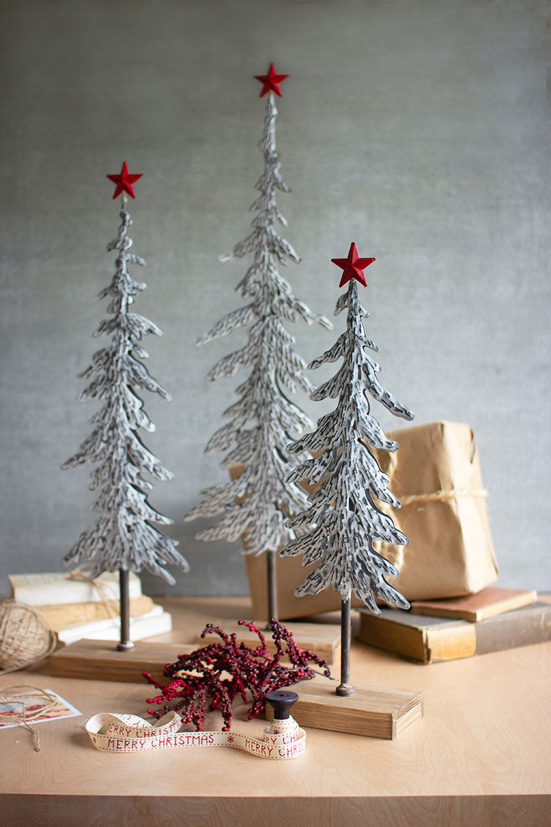 Metal Christmas Trees On Wooden Bases S/3 by Kalalou | Modishstore | Holiday
