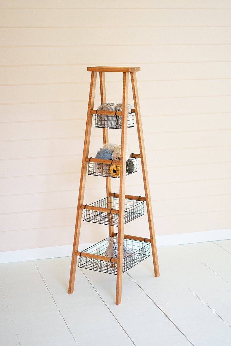 Wooden Ladder With Wire Baskets Display By Kalalou | Modishstore | Bins, Baskets & Buckets