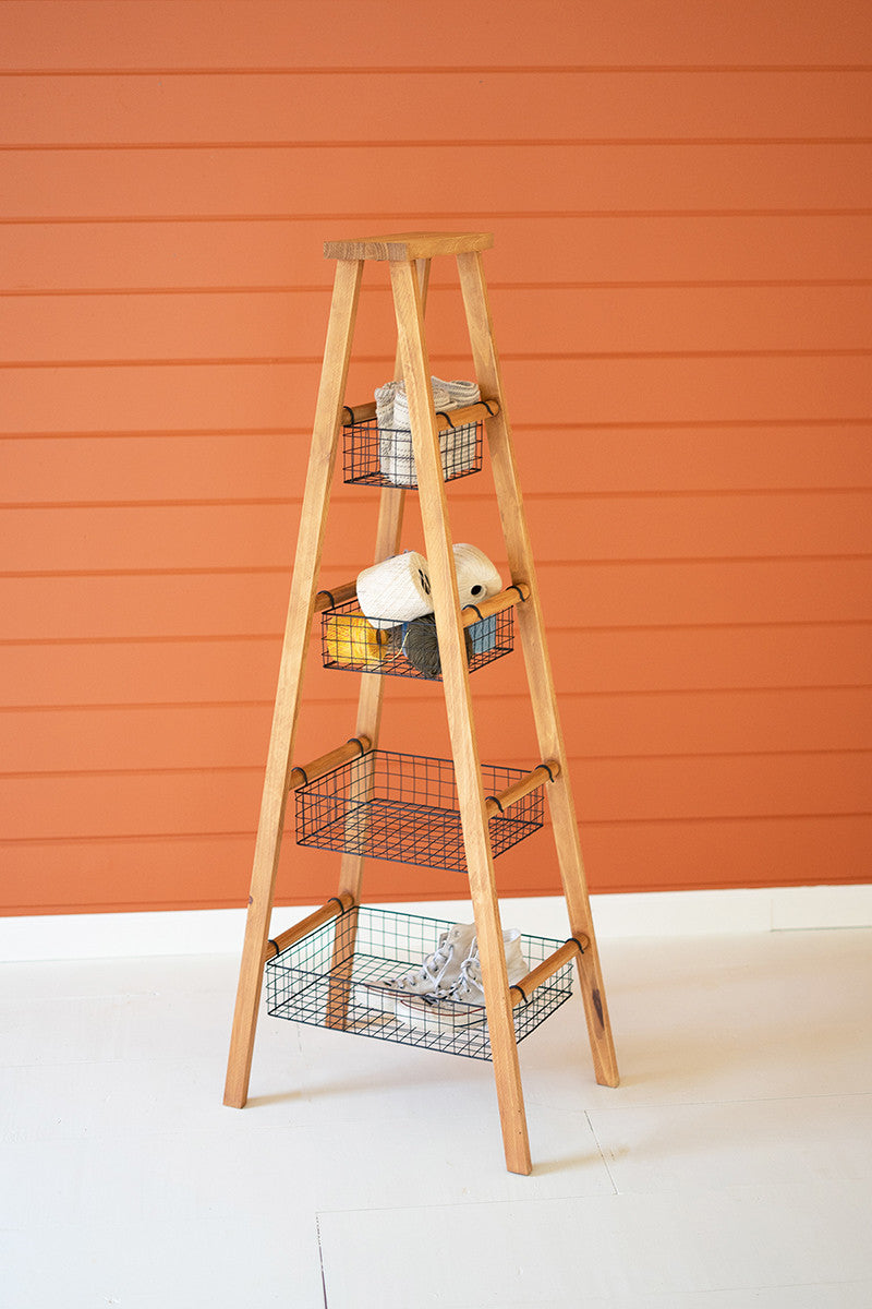 Wooden Ladder With Wire Baskets Display By Kalalou-2