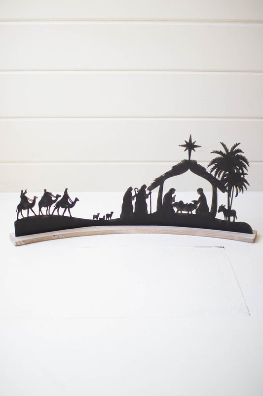 Black Metal Nativity On A Curved White Wood Base By Kalalou | Sculptures | Modishstore