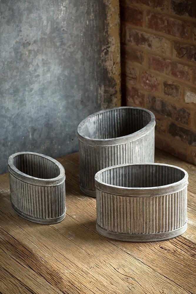 Vagabond Vintage Metal Ribbed Oval Dolly Planters - Set of 3 | Modishstore | Planters, Troughs & Cachepots