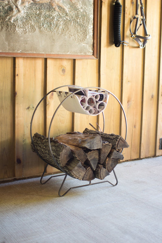 Kalalou Round Log Holder With Canvas Kindling Sling | Modishstore | Fireplace Accessories