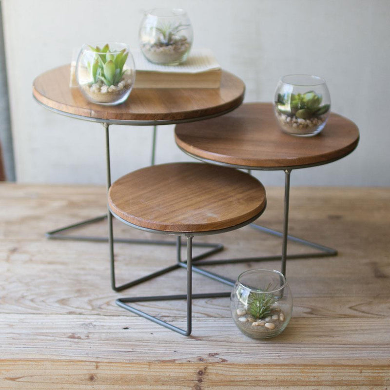 Kalalou Set Of 3 Round Wire Display Risers With Wood Tops | Modishstore | Pedestal Trays