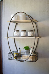 Kalaloutall Oval Metal Wall Unit With Recycled Wood Shelves