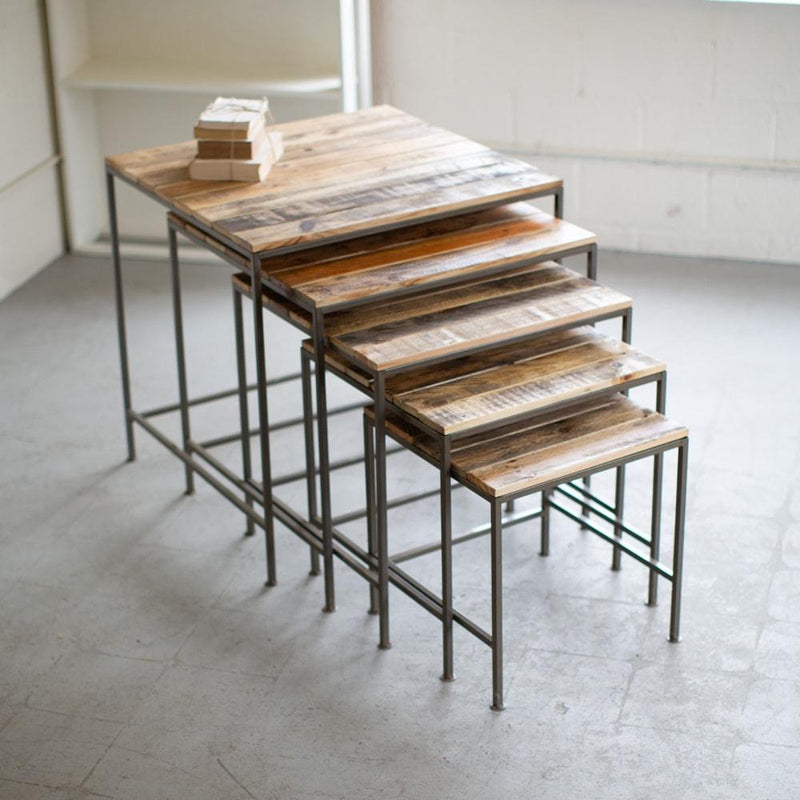 Kalalou Set Of 5 Recycled Wood And Iron Square Display Tables | Modishstore | Accent Tables