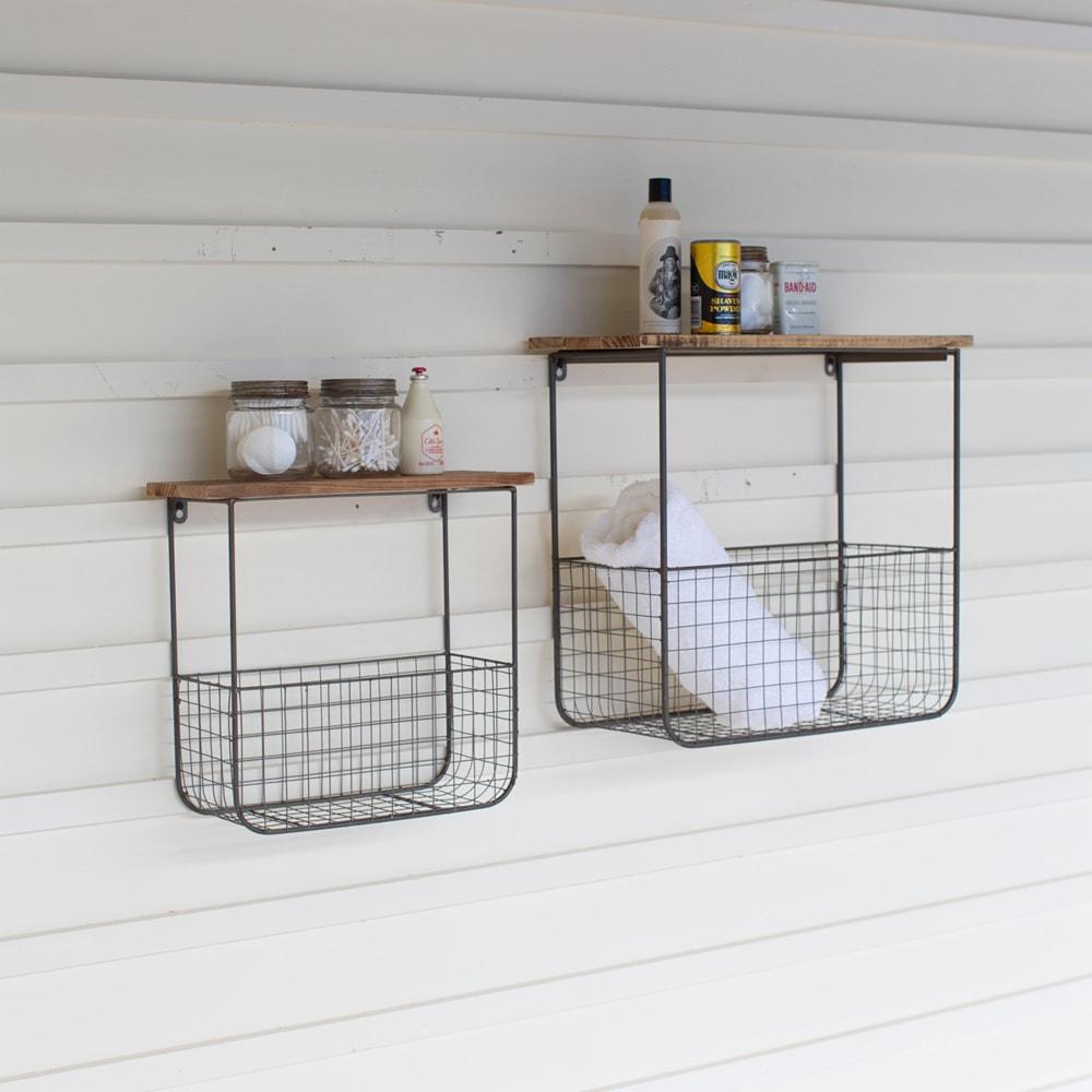 Kalalou Set Of 2 Wire Basket Shelves With Recycled Wood Tops | Modishstore | Wall Shelf