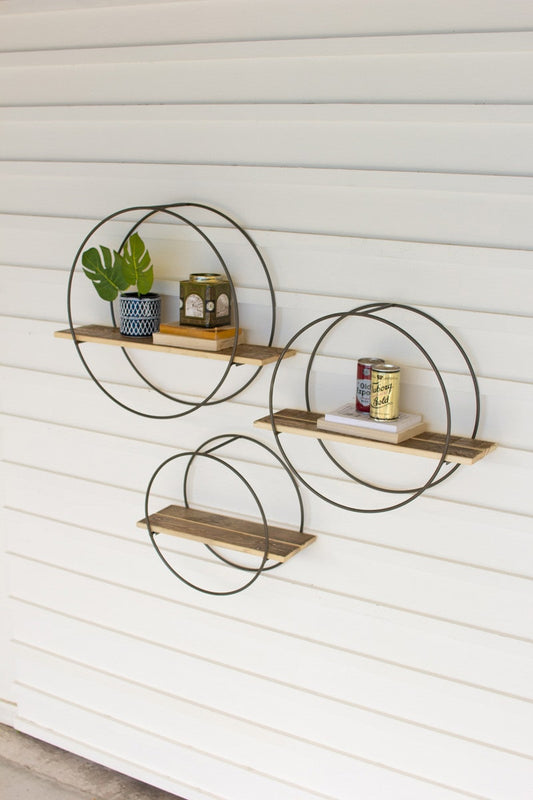 Recycled Wood Shelves With Round Metal Frames Set of 3 by Kalalou | Modishstore | Shelves & Shelving Units