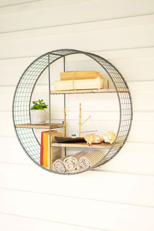 Round Wire Mesh And Recycled Wood Shelving Unit By Kalalou | Modishstore | Shelves & Shelving Units