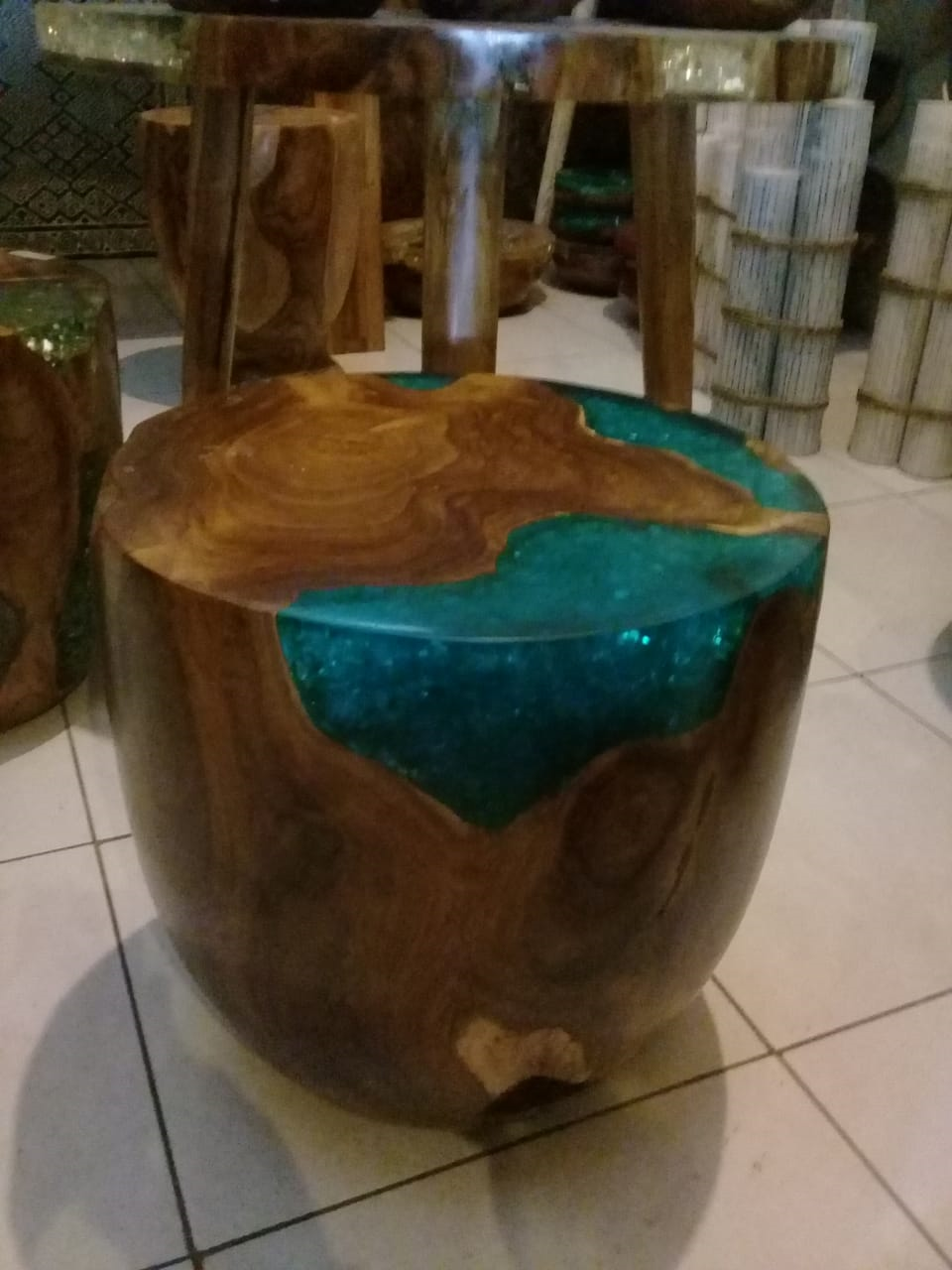 Teak Root & Cracked Resin Round Stools - Sea Blue | Stools | Modishstore - 2