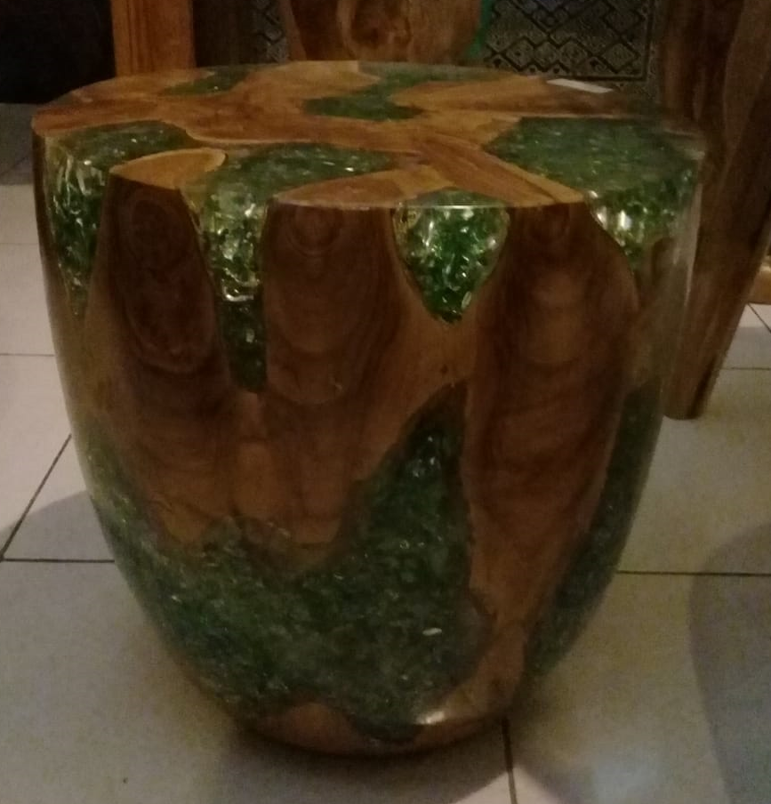Teak Root & Cracked Resin Round Stool- Green | Stools | Modishstore - 6
