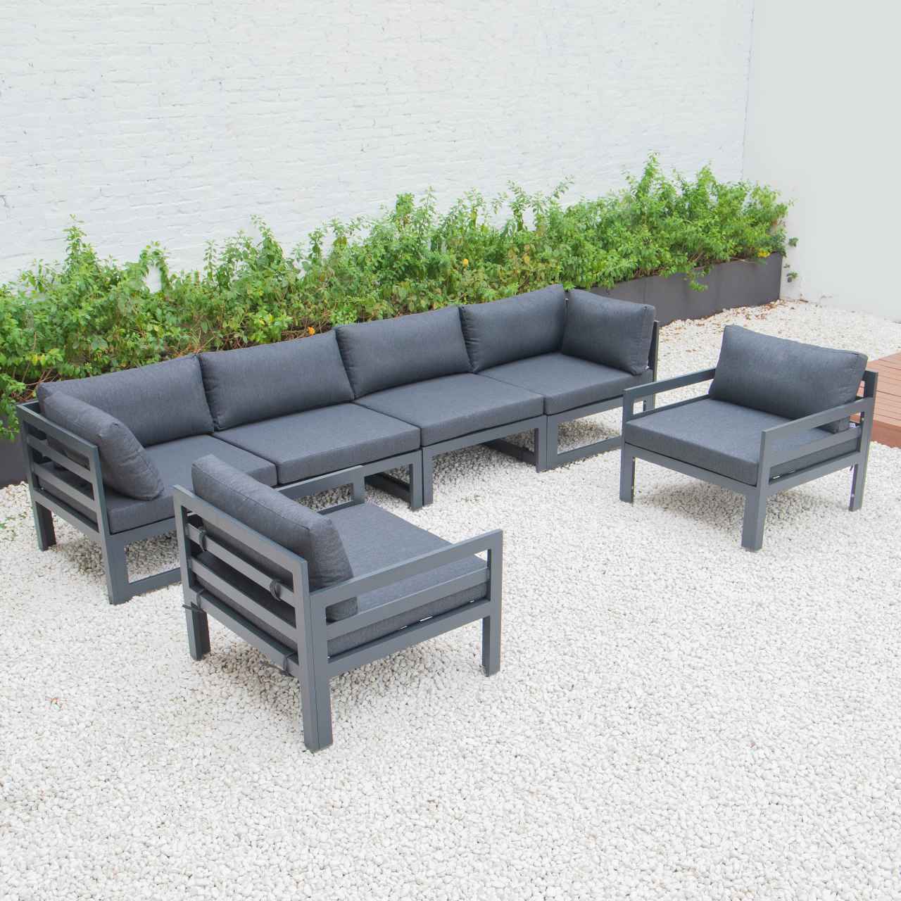 LeisureMod Chelsea 6-Piece Patio Armchair Sectional Black Aluminum With Cushions | Outdoor Sofas, Loveseats & Sectionals | Modishstore - 8