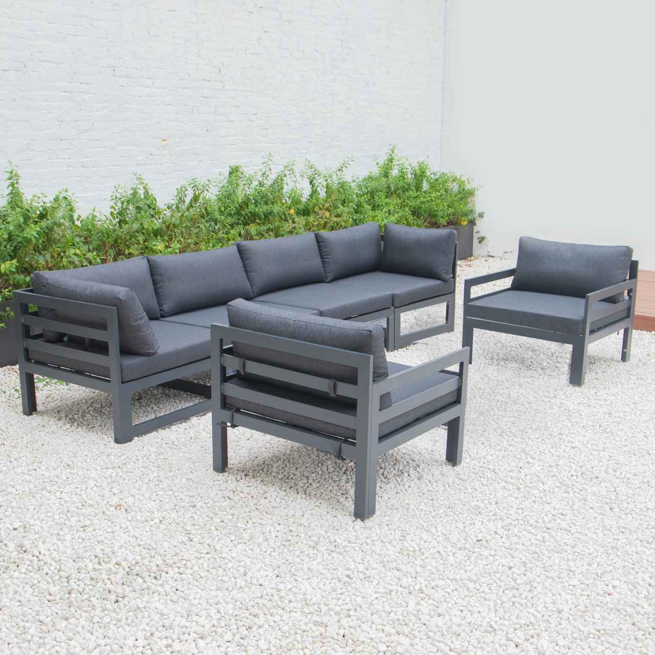 LeisureMod Chelsea 6-Piece Patio Armchair Sectional Black Aluminum With Cushions | Outdoor Sofas, Loveseats & Sectionals | Modishstore - 9