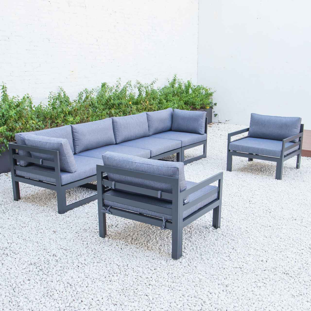 LeisureMod Chelsea 6-Piece Patio Armchair Sectional Black Aluminum With Cushions | Outdoor Sofas, Loveseats & Sectionals | Modishstore - 14