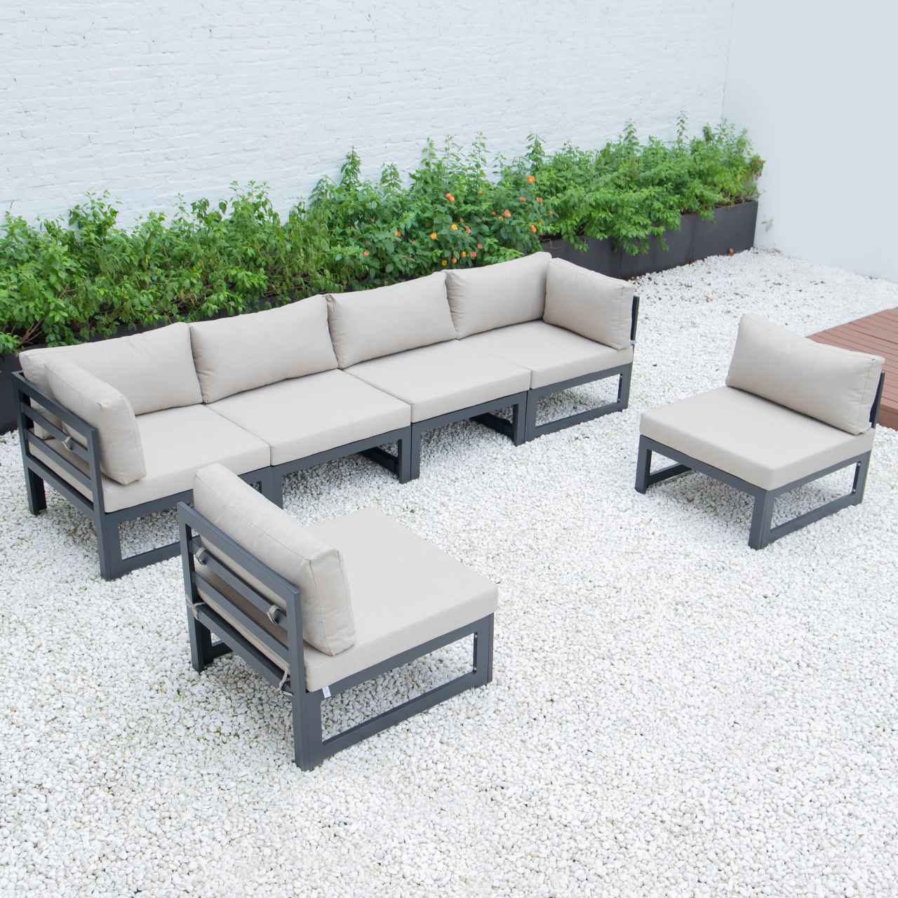 LeisureMod Chelsea 6-Piece Patio Sectional Black Aluminum With Cushions | Outdoor Sofas, Loveseats & Sectionals | Modishstore - 2