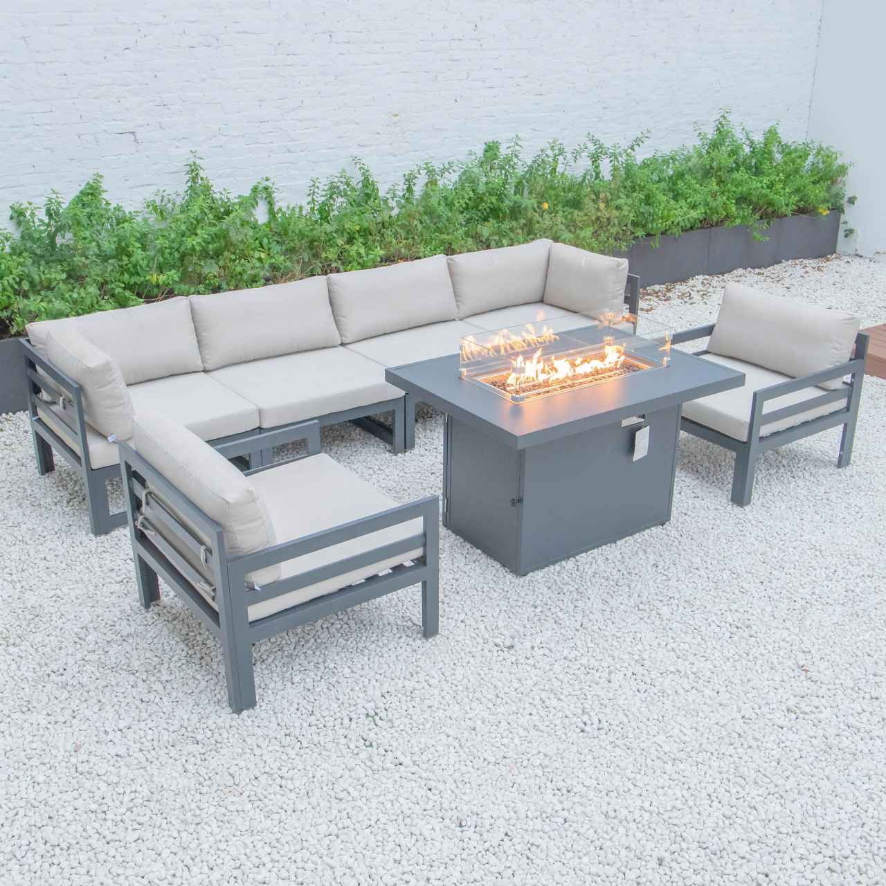 LeisureMod Chelsea 7-Piece Patio Armchair Sectional And Fire Pit Table Black Aluminum With Cushions | Outdoor Sofas, Loveseats & Sectionals | Modishstore - 5