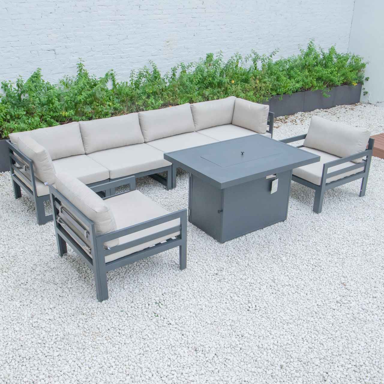 LeisureMod Chelsea 7-Piece Patio Armchair Sectional And Fire Pit Table Black Aluminum With Cushions | Outdoor Sofas, Loveseats & Sectionals | Modishstore