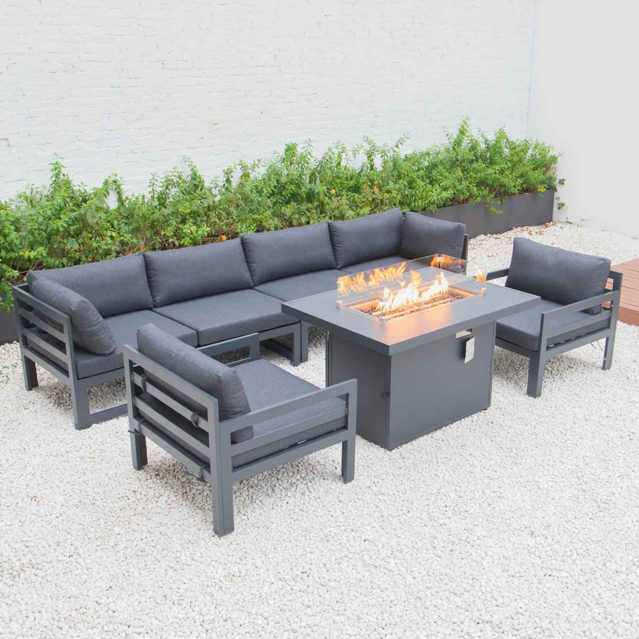 LeisureMod Chelsea 7-Piece Patio Armchair Sectional And Fire Pit Table Black Aluminum With Cushions | Outdoor Sofas, Loveseats & Sectionals | Modishstore - 14