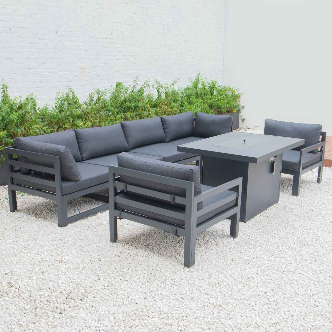 LeisureMod Chelsea 7-Piece Patio Armchair Sectional And Fire Pit Table Black Aluminum With Cushions | Outdoor Sofas, Loveseats & Sectionals | Modishstore - 20
