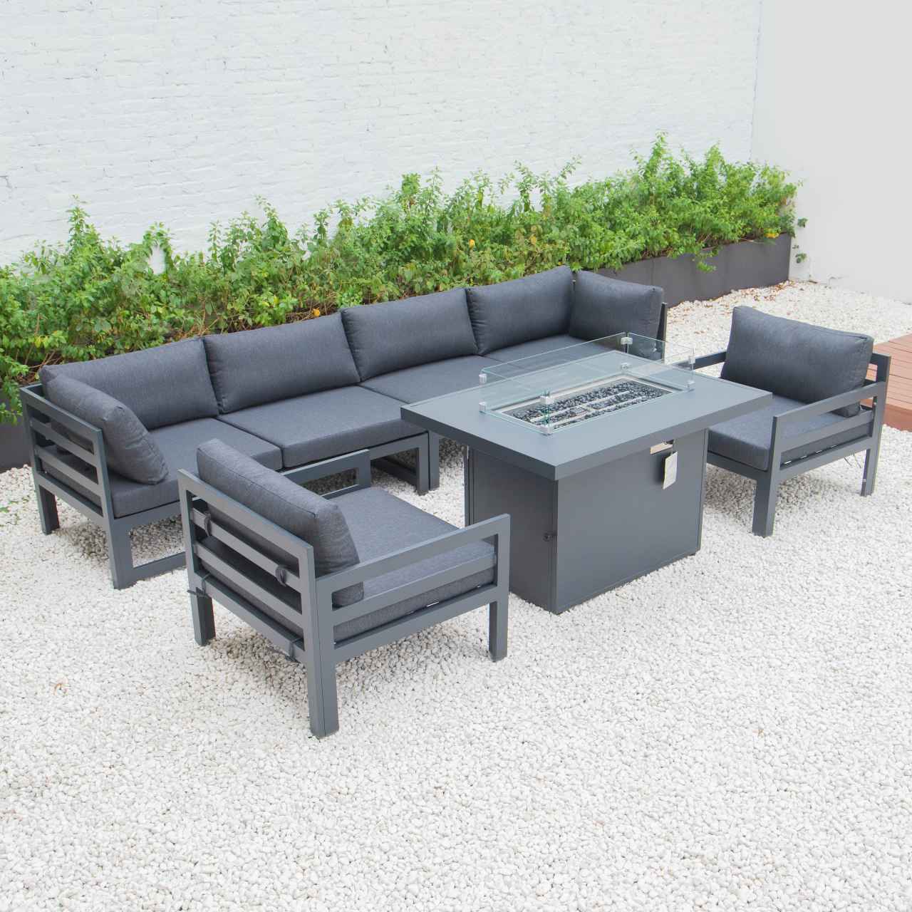 LeisureMod Chelsea 7-Piece Patio Armchair Sectional And Fire Pit Table Black Aluminum With Cushions | Outdoor Sofas, Loveseats & Sectionals | Modishstore - 18