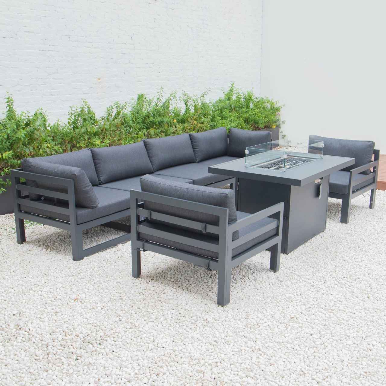 LeisureMod Chelsea 7-Piece Patio Armchair Sectional And Fire Pit Table Black Aluminum With Cushions | Outdoor Sofas, Loveseats & Sectionals | Modishstore - 17