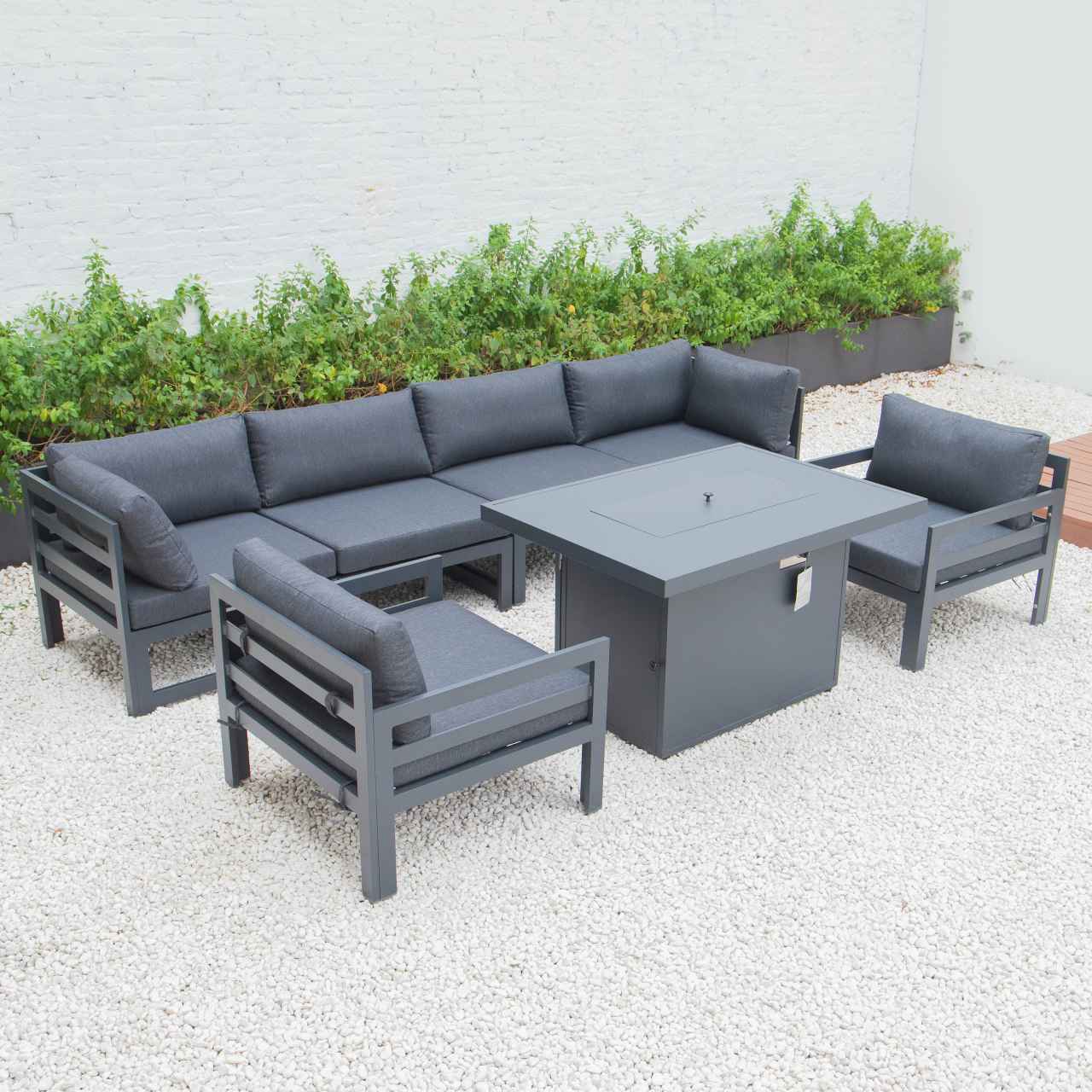 LeisureMod Chelsea 7-Piece Patio Armchair Sectional And Fire Pit Table Black Aluminum With Cushions | Outdoor Sofas, Loveseats & Sectionals | Modishstore - 19