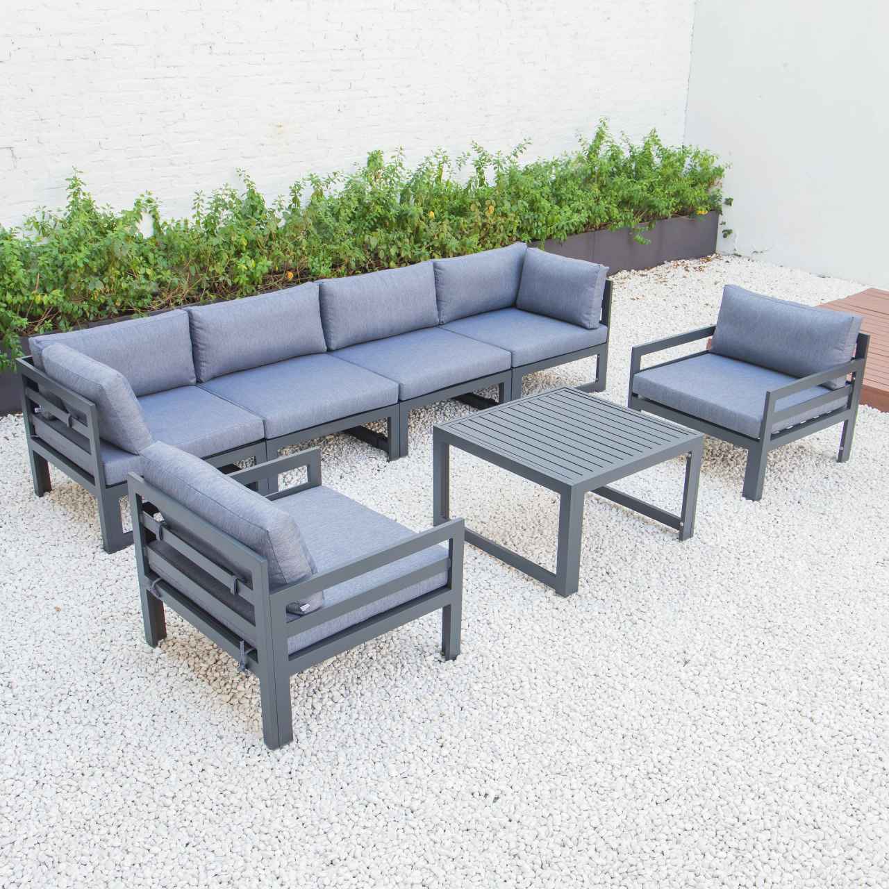 LeisureMod Chelsea 7-Piece Patio Armchair Sectional And Fire Pit Table Black Aluminum With Cushions | Outdoor Sofas, Loveseats & Sectionals | Modishstore - 27