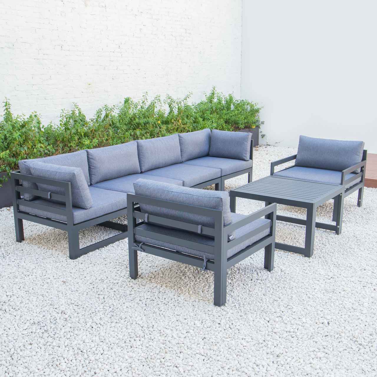 LeisureMod Chelsea 7-Piece Patio Armchair Sectional And Fire Pit Table Black Aluminum With Cushions | Outdoor Sofas, Loveseats & Sectionals | Modishstore - 28