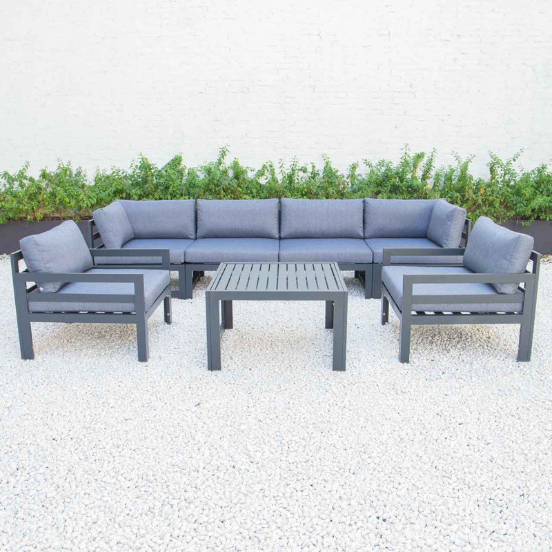LeisureMod Chelsea 7-Piece Patio Armchair Sectional And Fire Pit Table Black Aluminum With Cushions | Outdoor Sofas, Loveseats & Sectionals | Modishstore - 29