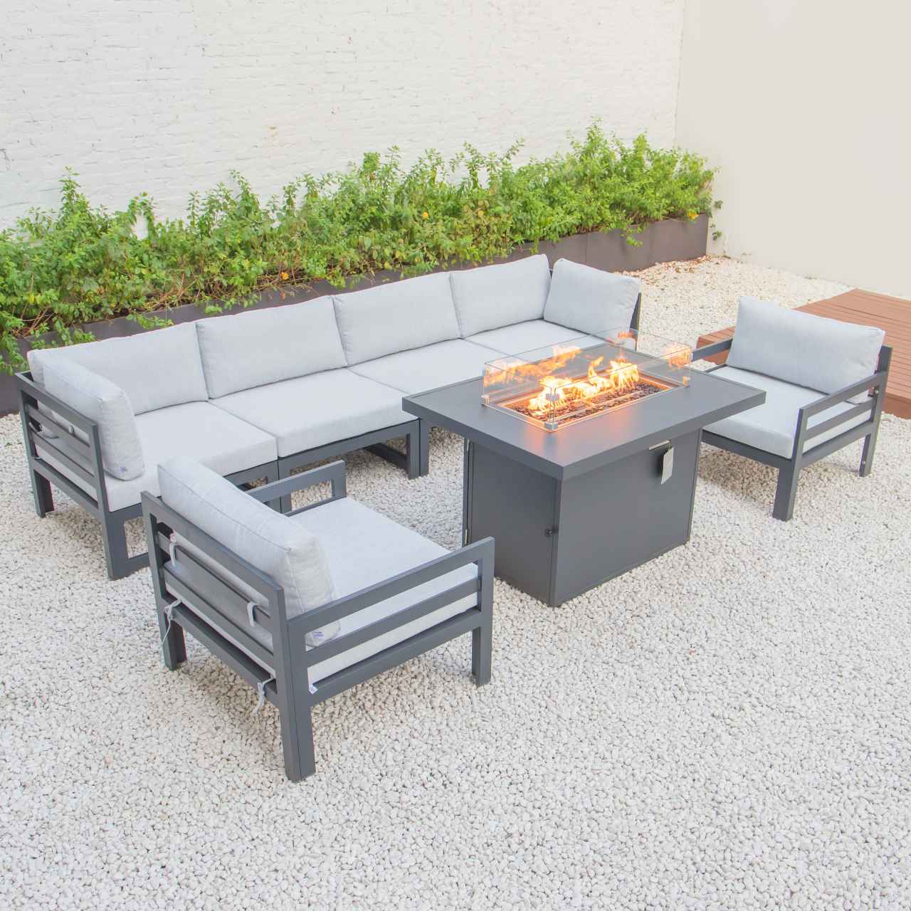 LeisureMod Chelsea 7-Piece Patio Armchair Sectional And Fire Pit Table Black Aluminum With Cushions | Outdoor Sofas, Loveseats & Sectionals | Modishstore - 35