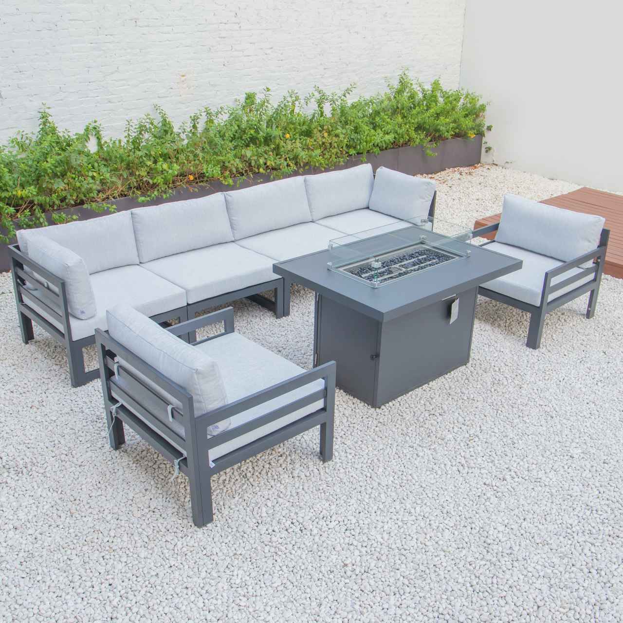 LeisureMod Chelsea 7-Piece Patio Armchair Sectional And Fire Pit Table Black Aluminum With Cushions | Outdoor Sofas, Loveseats & Sectionals | Modishstore - 38