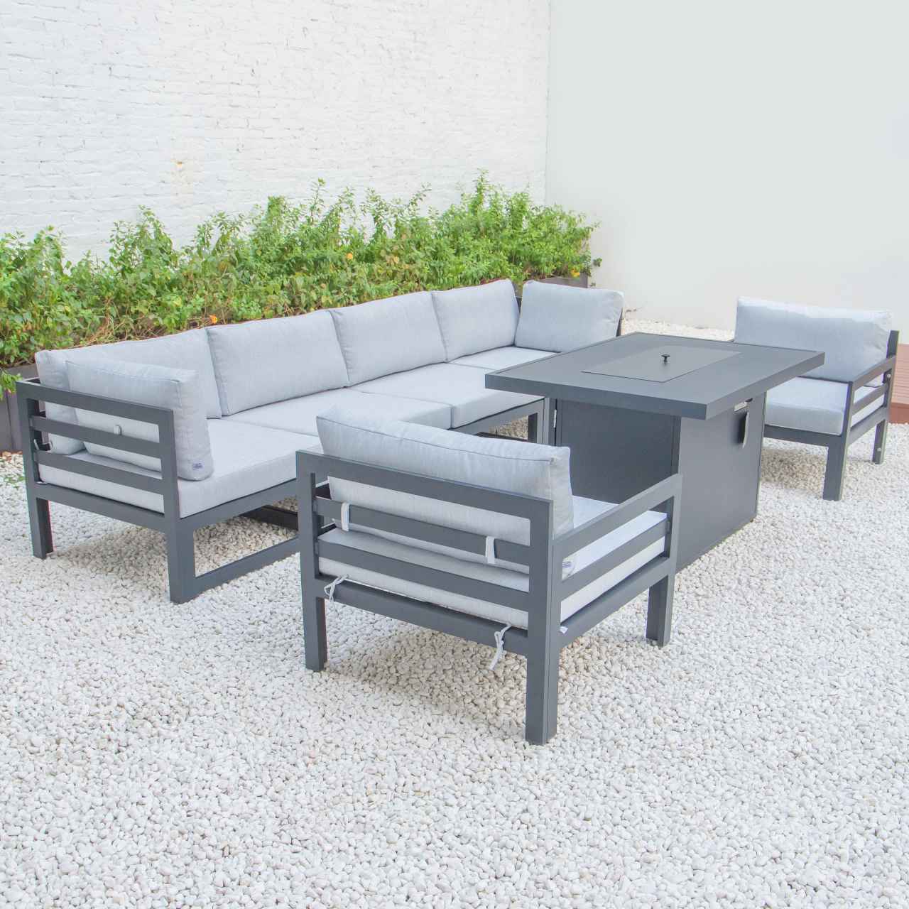 LeisureMod Chelsea 7-Piece Patio Armchair Sectional And Fire Pit Table Black Aluminum With Cushions | Outdoor Sofas, Loveseats & Sectionals | Modishstore - 41