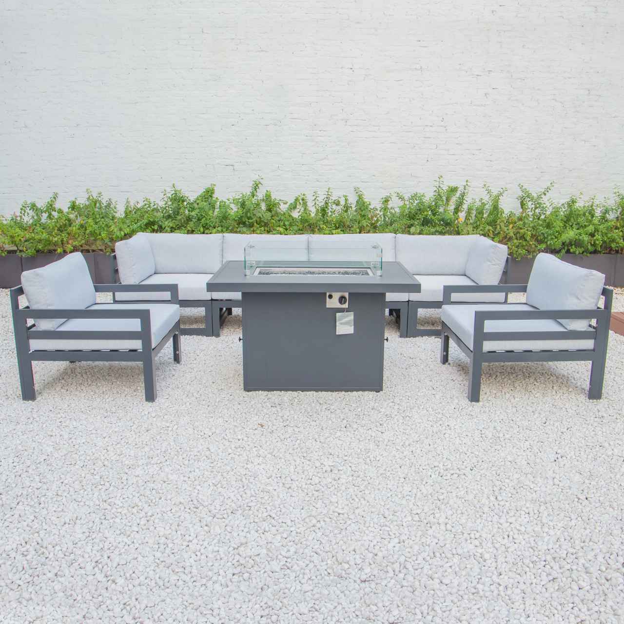 LeisureMod Chelsea 7-Piece Patio Armchair Sectional And Fire Pit Table Black Aluminum With Cushions | Outdoor Sofas, Loveseats & Sectionals | Modishstore - 37