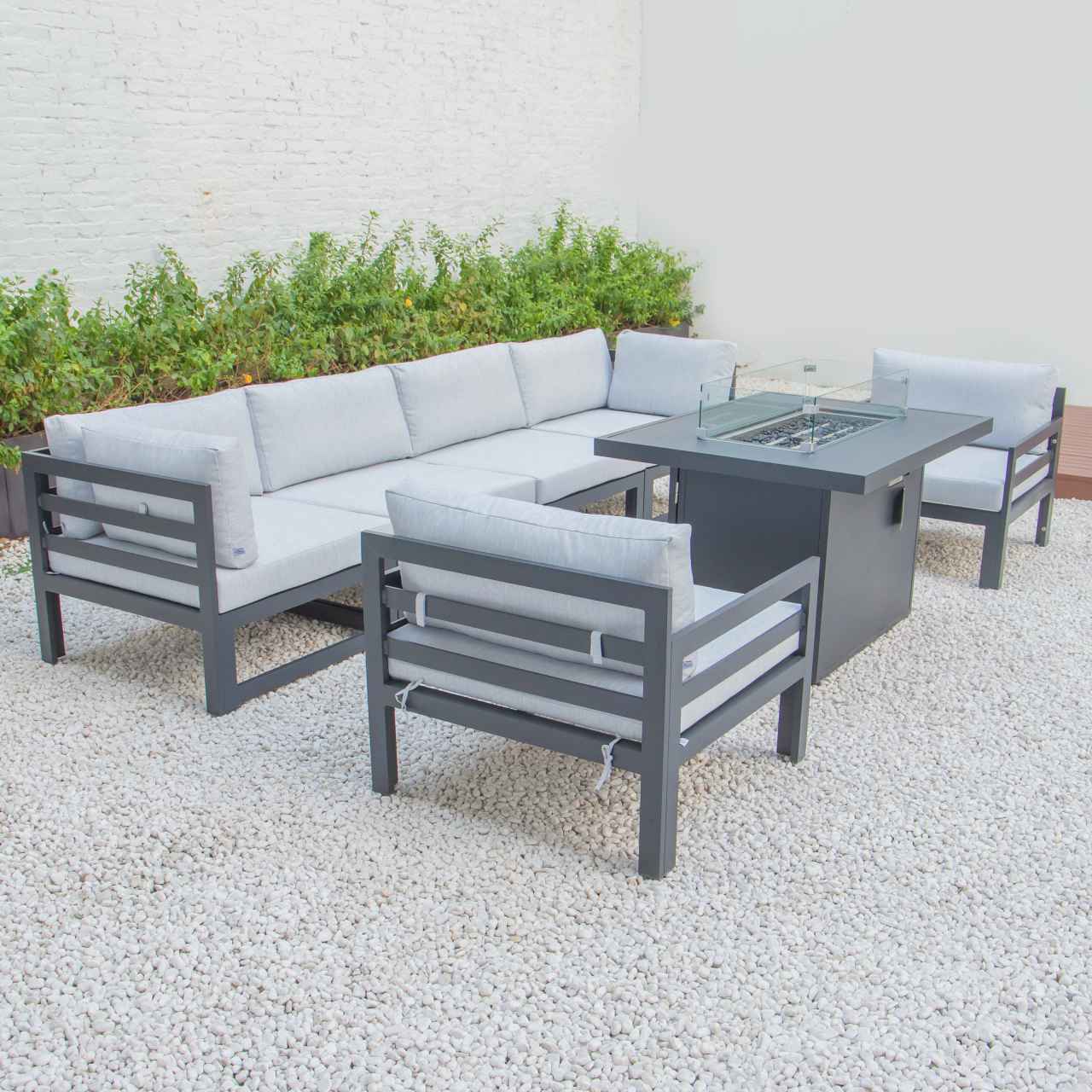 LeisureMod Chelsea 7-Piece Patio Armchair Sectional And Fire Pit Table Black Aluminum With Cushions | Outdoor Sofas, Loveseats & Sectionals | Modishstore - 36