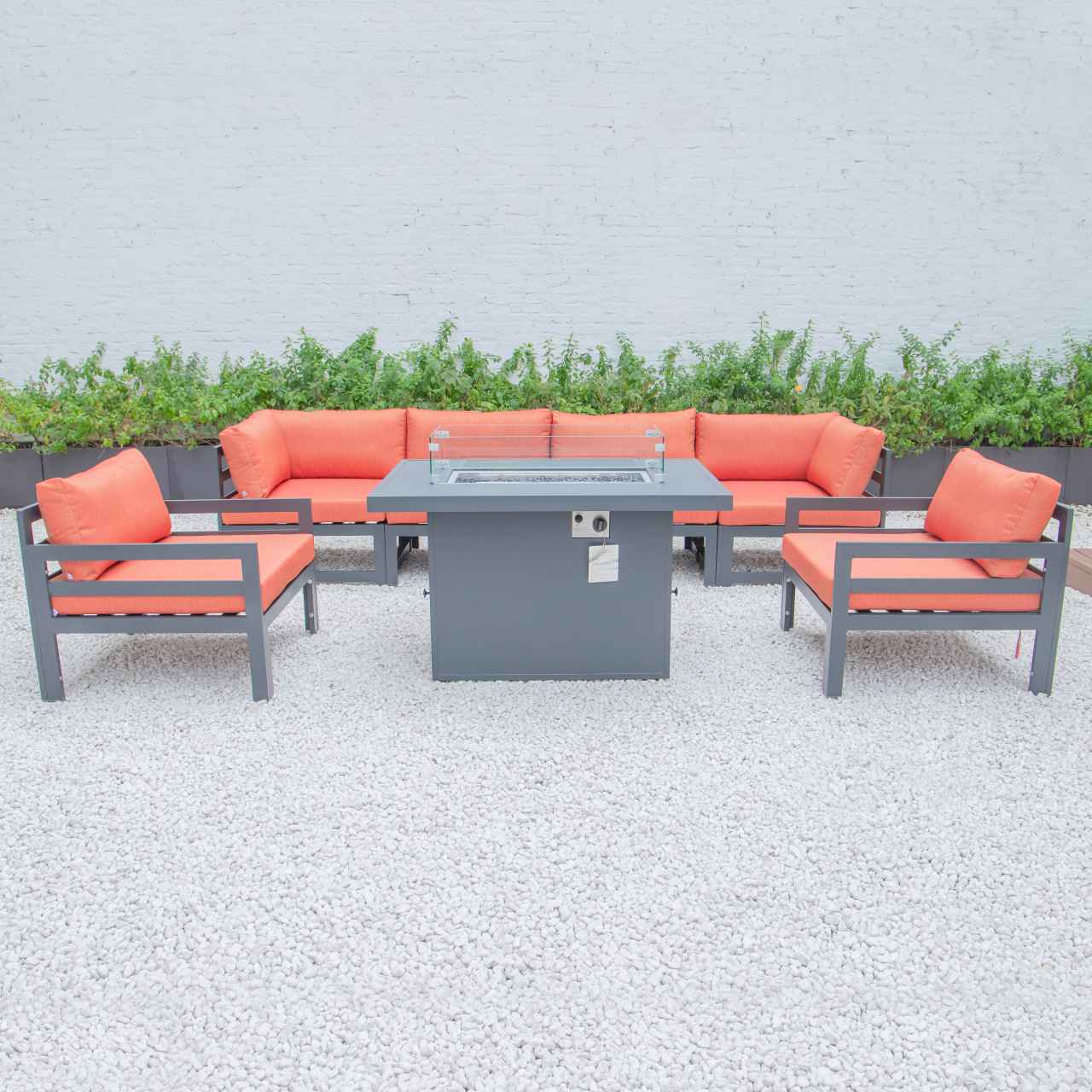 LeisureMod Chelsea 7-Piece Patio Armchair Sectional And Fire Pit Table Black Aluminum With Cushions | Outdoor Sofas, Loveseats & Sectionals | Modishstore - 54