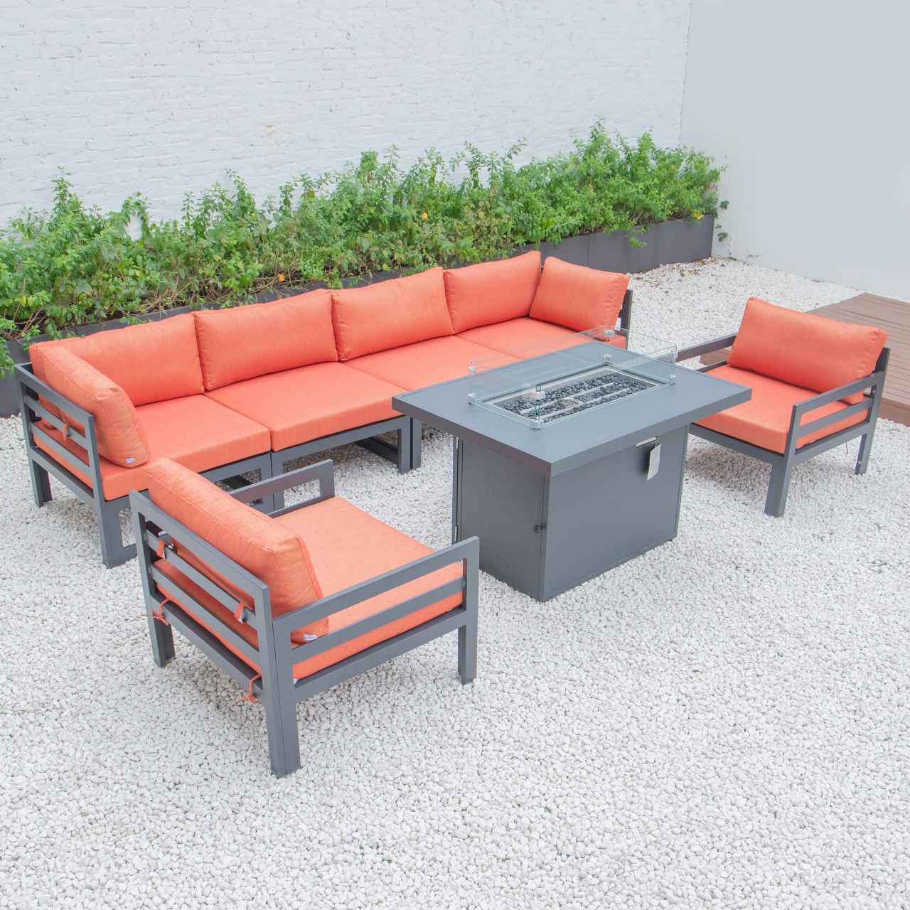 LeisureMod Chelsea 7-Piece Patio Armchair Sectional And Fire Pit Table Black Aluminum With Cushions | Outdoor Sofas, Loveseats & Sectionals | Modishstore - 52