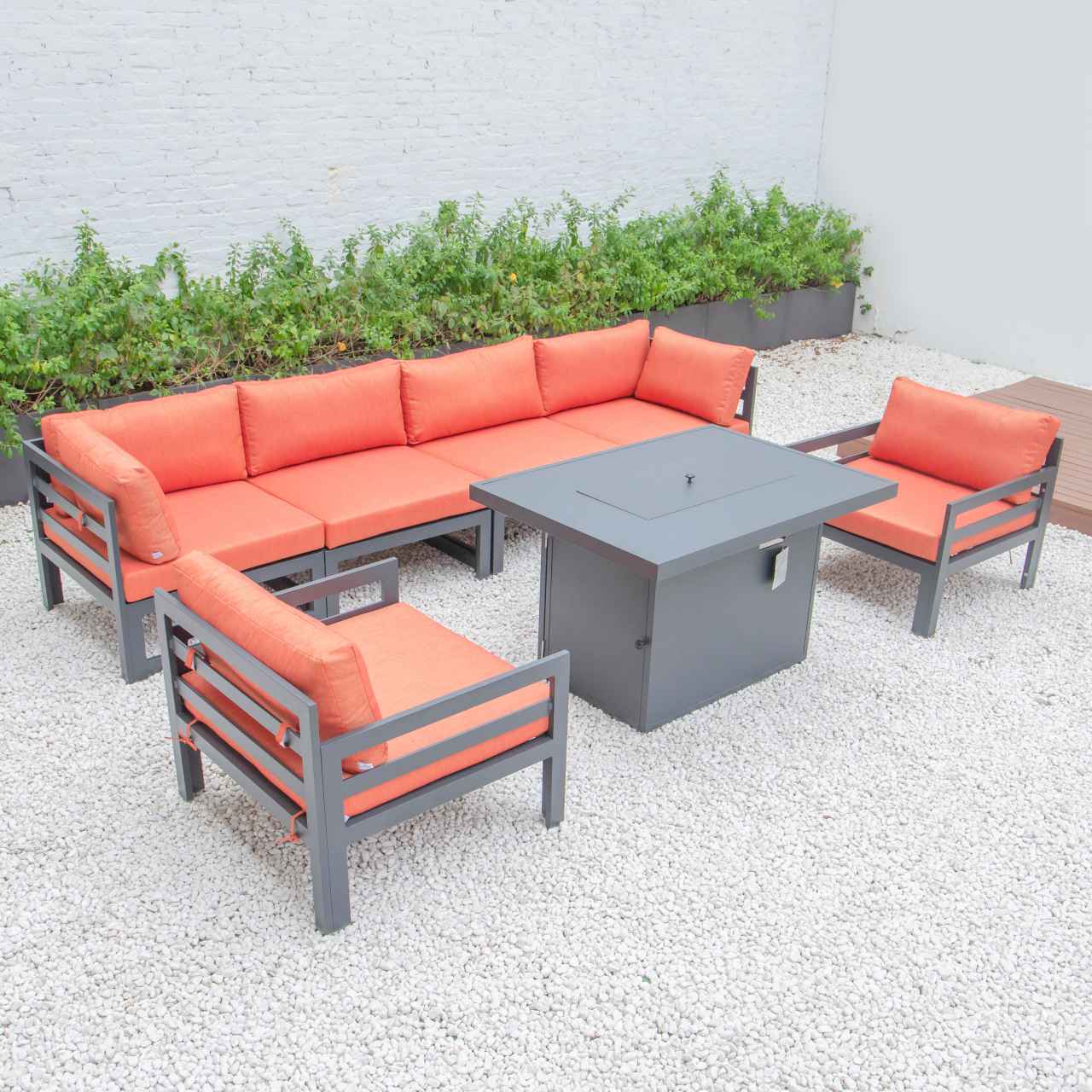 LeisureMod Chelsea 7-Piece Patio Armchair Sectional And Fire Pit Table Black Aluminum With Cushions | Outdoor Sofas, Loveseats & Sectionals | Modishstore - 49
