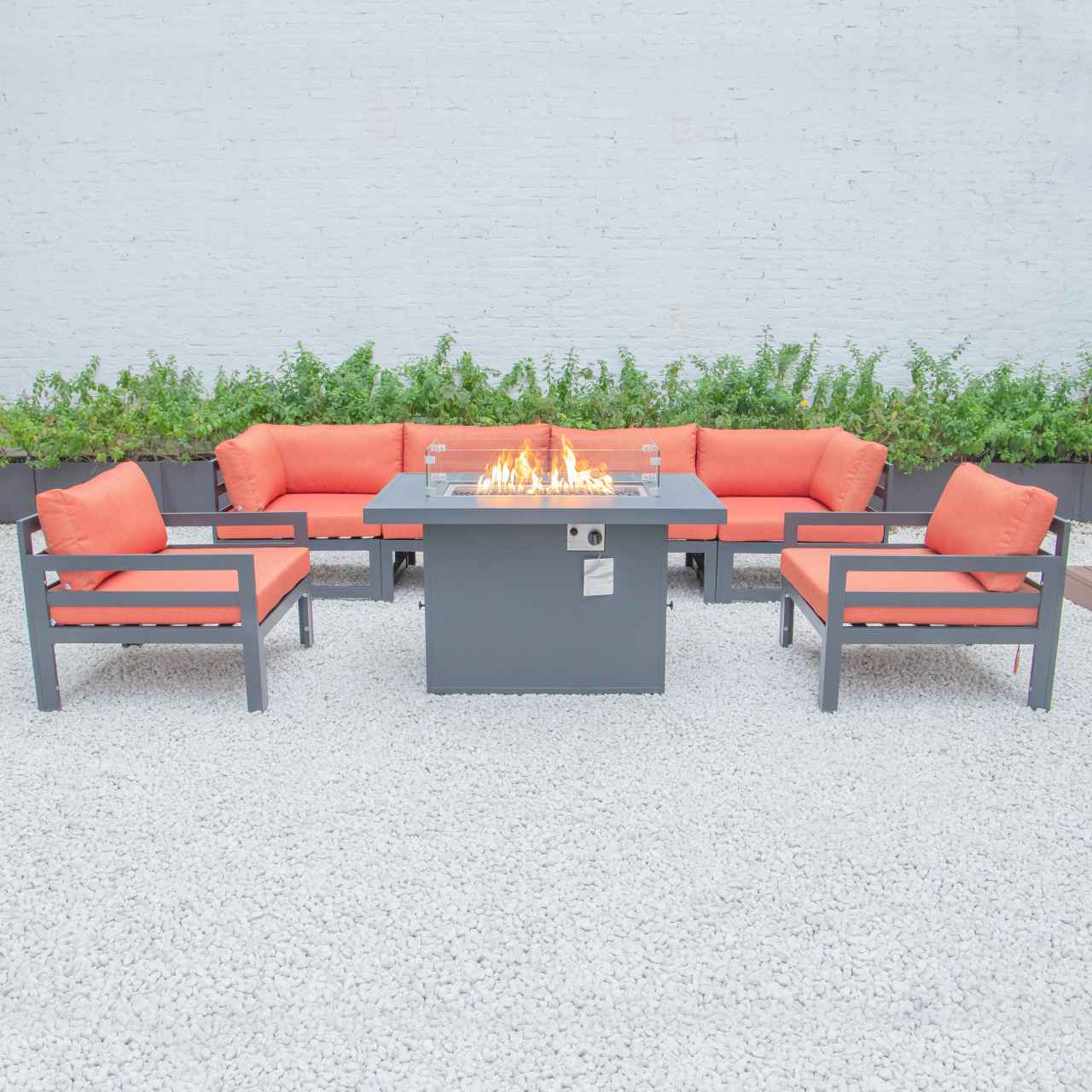 LeisureMod Chelsea 7-Piece Patio Armchair Sectional And Fire Pit Table Black Aluminum With Cushions | Outdoor Sofas, Loveseats & Sectionals | Modishstore - 51