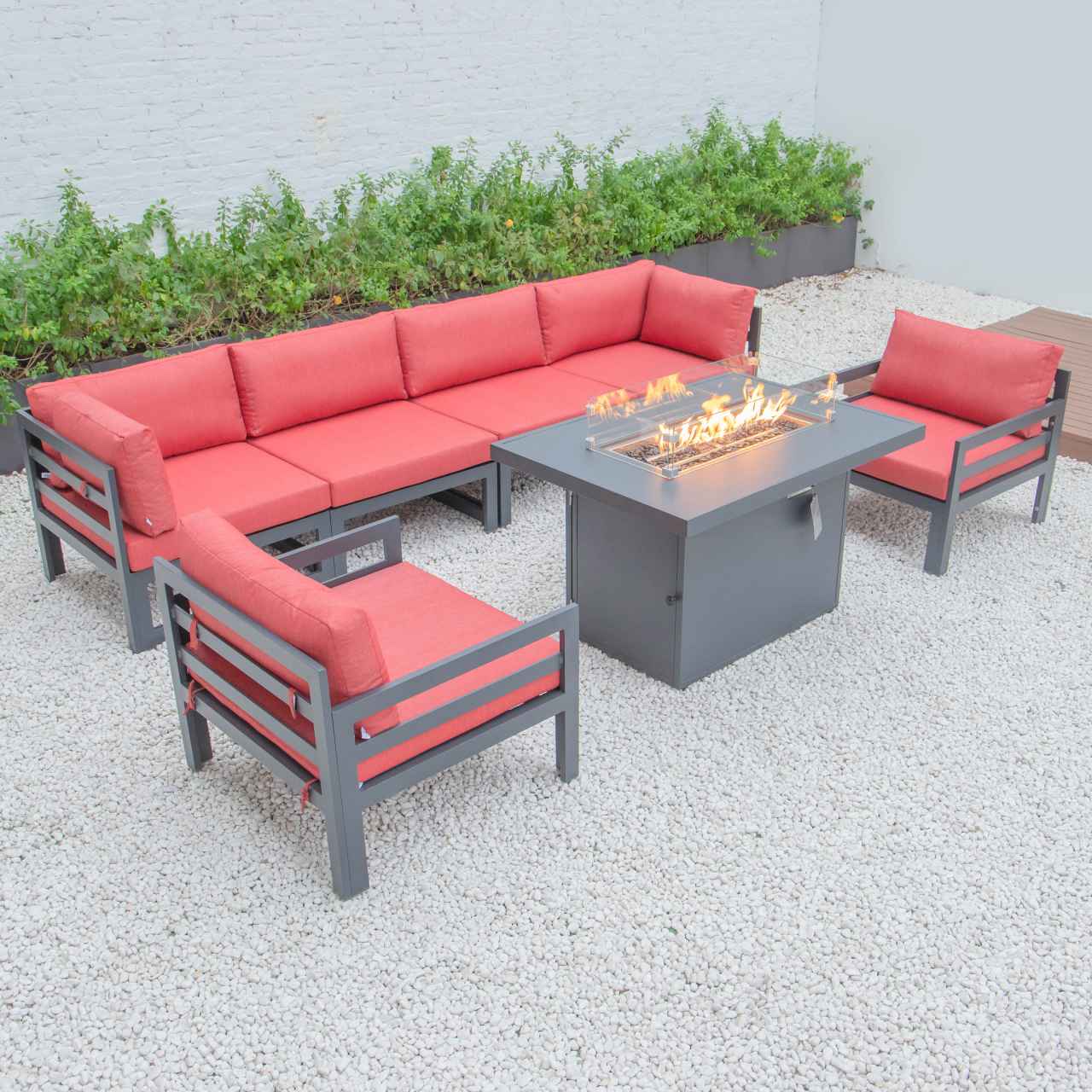 LeisureMod Chelsea 7-Piece Patio Armchair Sectional And Fire Pit Table Black Aluminum With Cushions | Outdoor Sofas, Loveseats & Sectionals | Modishstore - 60
