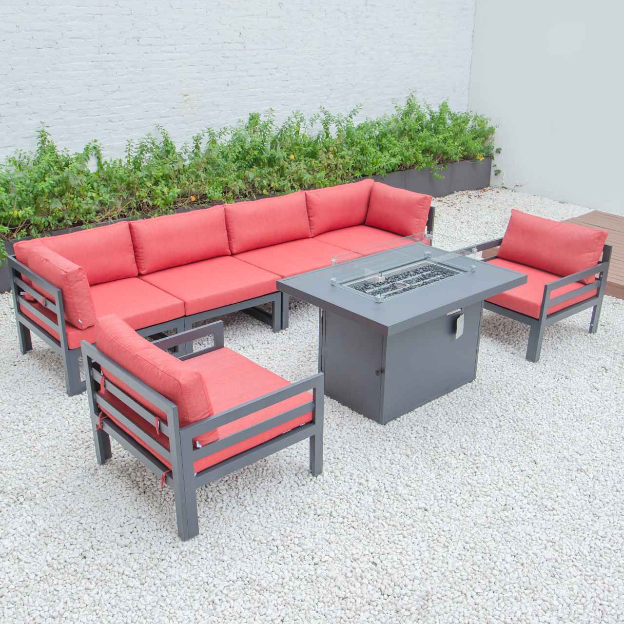 LeisureMod Chelsea 7-Piece Patio Armchair Sectional And Fire Pit Table Black Aluminum With Cushions | Outdoor Sofas, Loveseats & Sectionals | Modishstore - 64