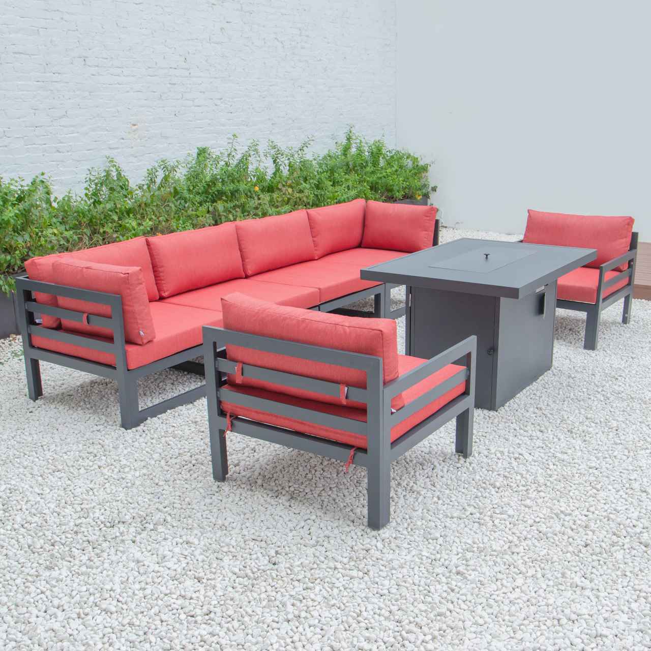 LeisureMod Chelsea 7-Piece Patio Armchair Sectional And Fire Pit Table Black Aluminum With Cushions | Outdoor Sofas, Loveseats & Sectionals | Modishstore - 66
