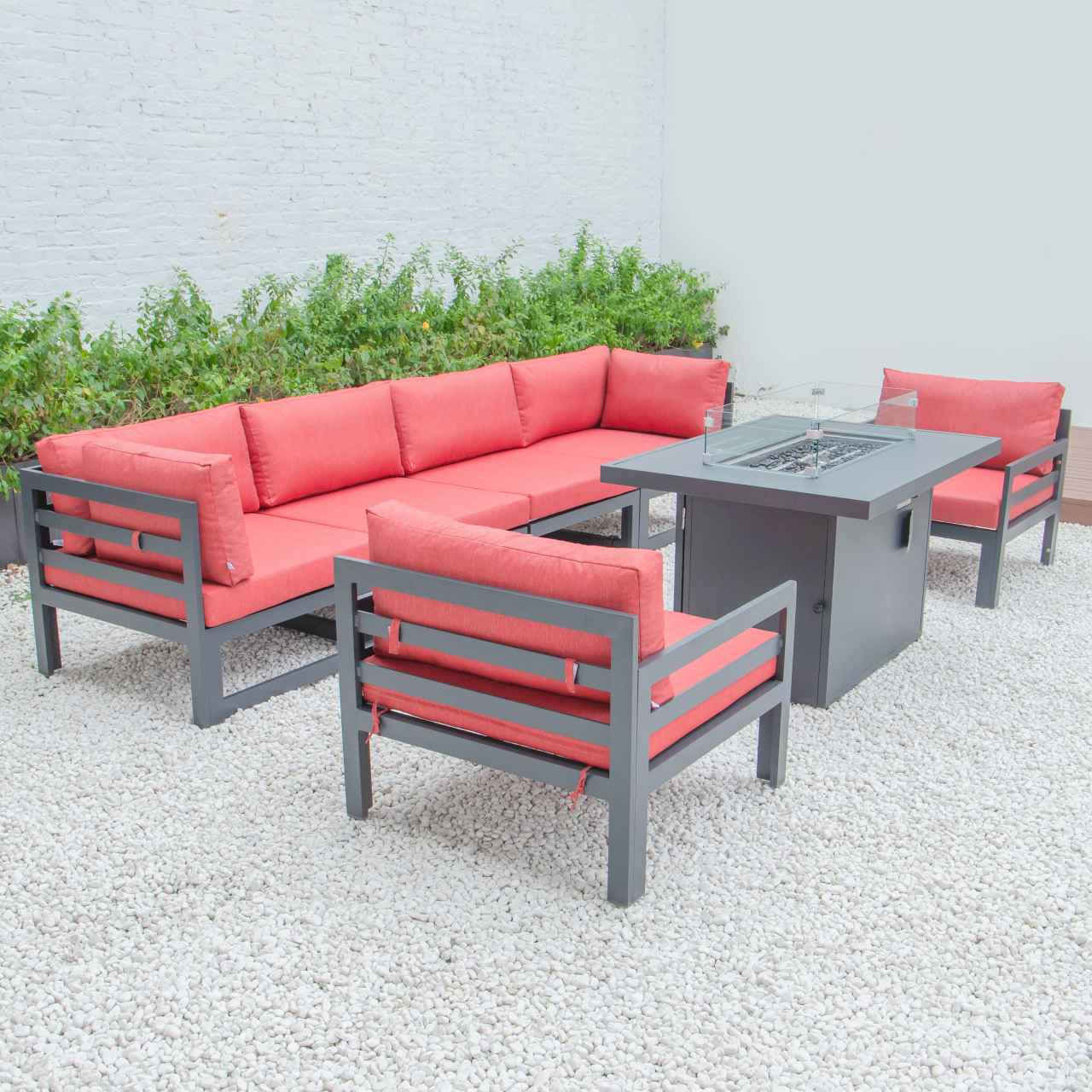 LeisureMod Chelsea 7-Piece Patio Armchair Sectional And Fire Pit Table Black Aluminum With Cushions | Outdoor Sofas, Loveseats & Sectionals | Modishstore - 63