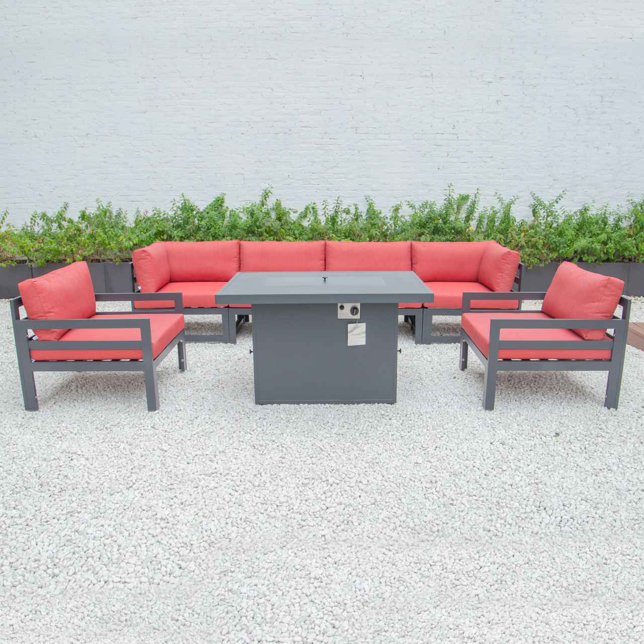 LeisureMod Chelsea 7-Piece Patio Armchair Sectional And Fire Pit Table Black Aluminum With Cushions | Outdoor Sofas, Loveseats & Sectionals | Modishstore - 67