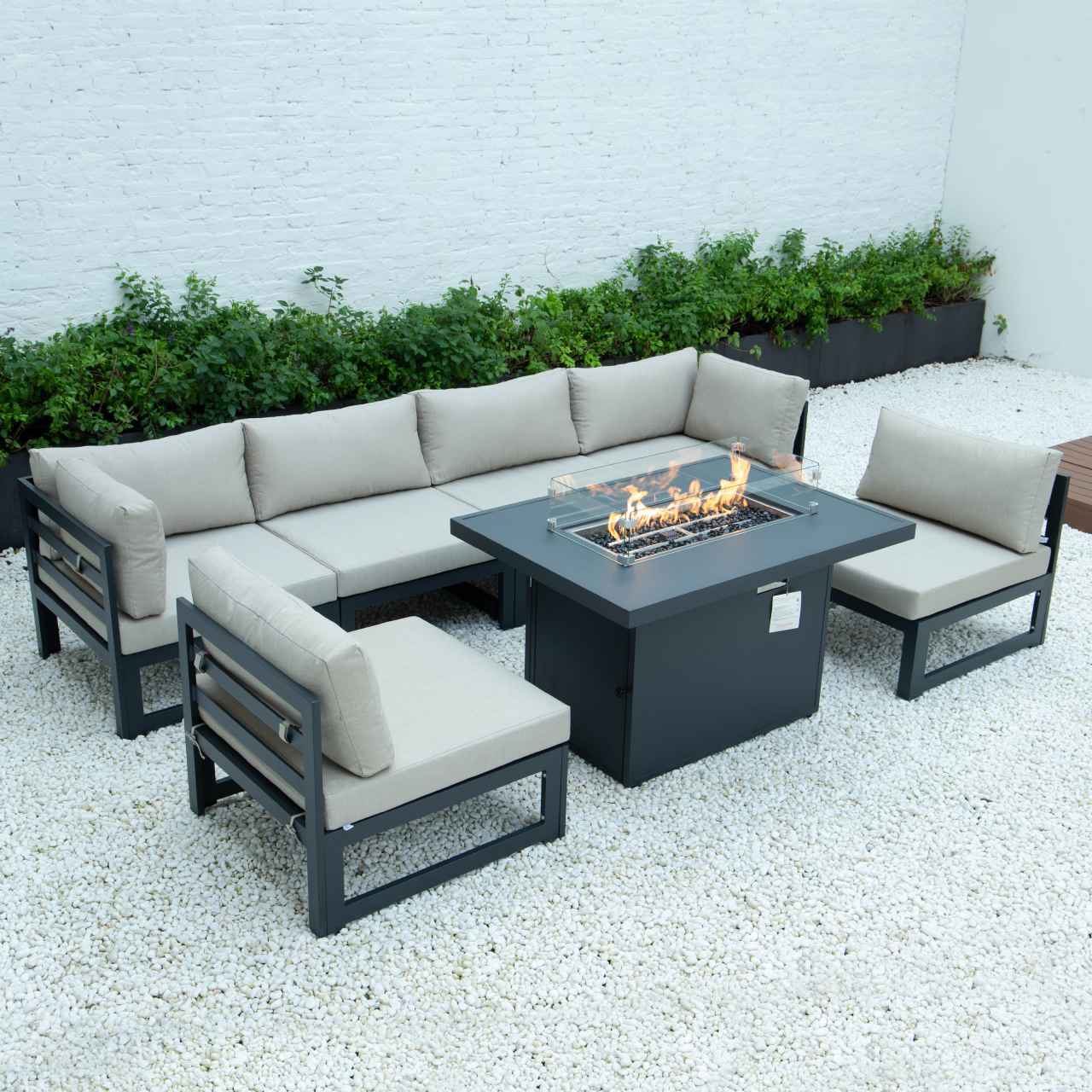 LeisureMod Chelsea 7-Piece Patio Sectional And Fire Pit Table Black Aluminum With Cushions | Outdoor Sofas, Loveseats & Sectionals | Modishstore - 5