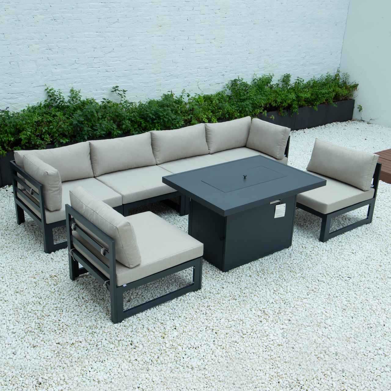 LeisureMod Chelsea 7-Piece Patio Sectional And Fire Pit Table Black Aluminum With Cushions | Outdoor Sofas, Loveseats & Sectionals | Modishstore - 6