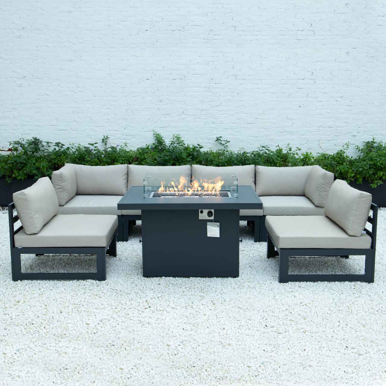 LeisureMod Chelsea 7-Piece Patio Sectional And Fire Pit Table Black Aluminum With Cushions | Outdoor Sofas, Loveseats & Sectionals | Modishstore - 2