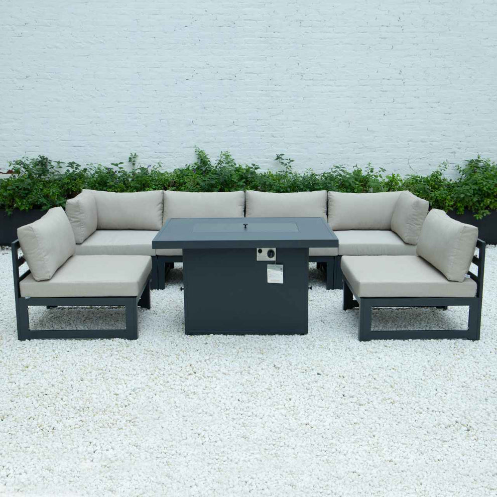 LeisureMod Chelsea 7-Piece Patio Sectional And Fire Pit Table Black Aluminum With Cushions | Outdoor Sofas, Loveseats & Sectionals | Modishstore