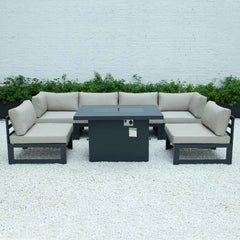 LeisureMod Chelsea 7-Piece Patio Sectional And Fire Pit Table Black Aluminum With Cushions