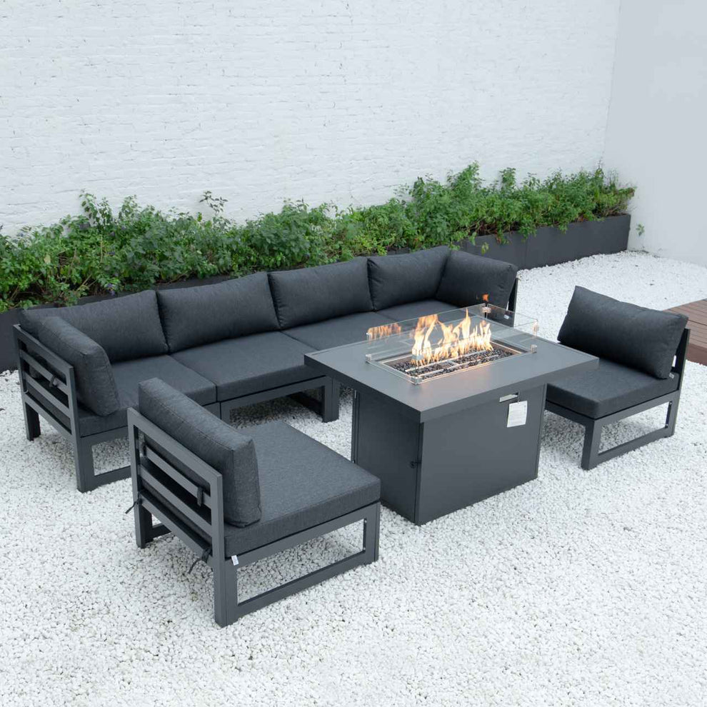 LeisureMod Chelsea 7-Piece Patio Sectional And Fire Pit Table Black Aluminum With Cushions | Outdoor Sofas, Loveseats & Sectionals | Modishstore - 16